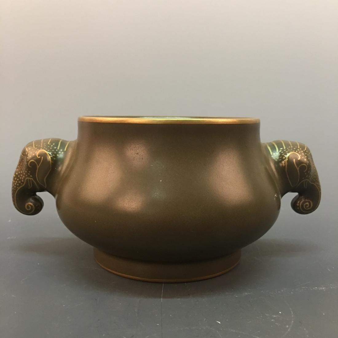 Chinese Teadust Glazed Gilt Rim Pottery Censer, (1 of 7)