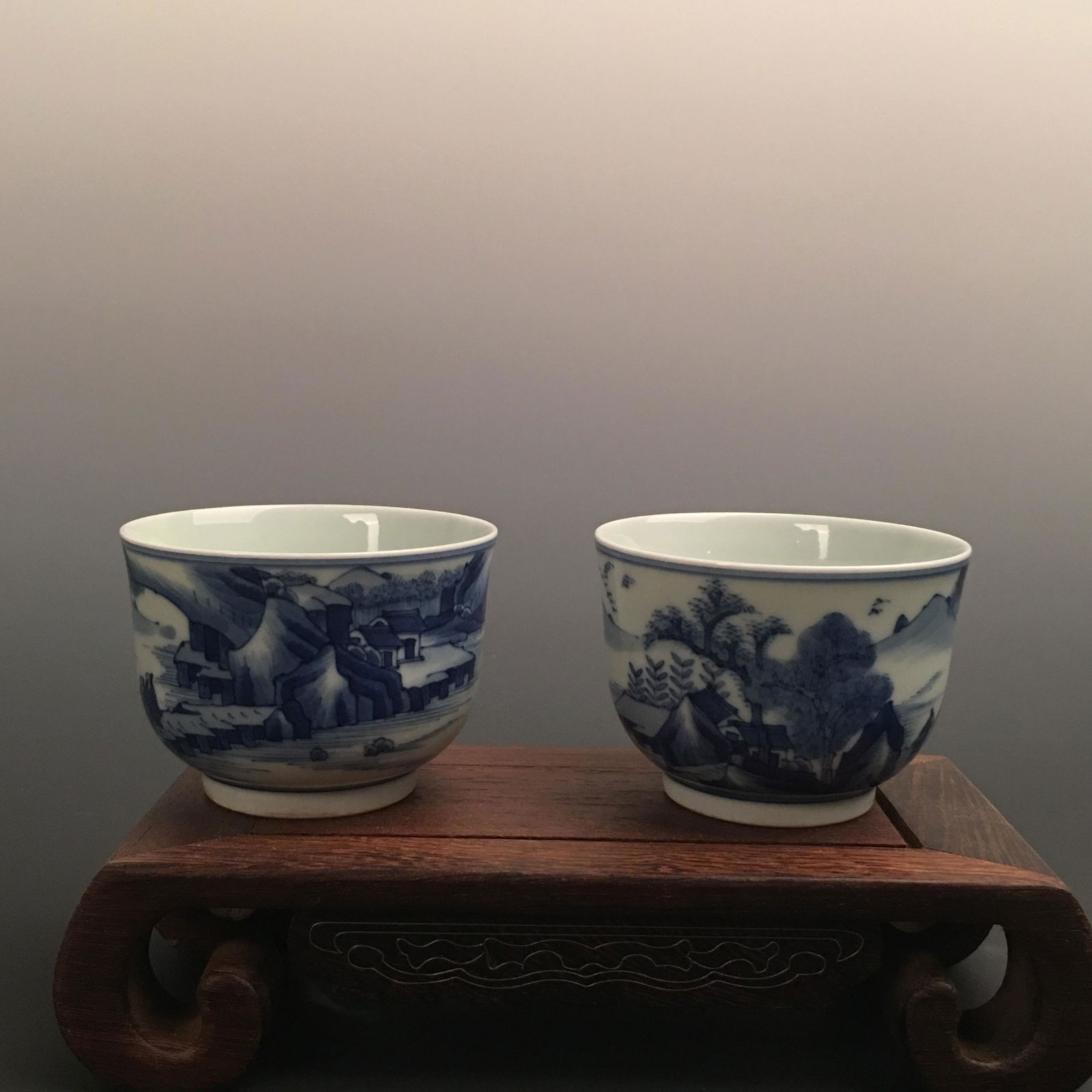 Pair Chinese Blue-White Cup, Kangxi Mark (1 of 5)