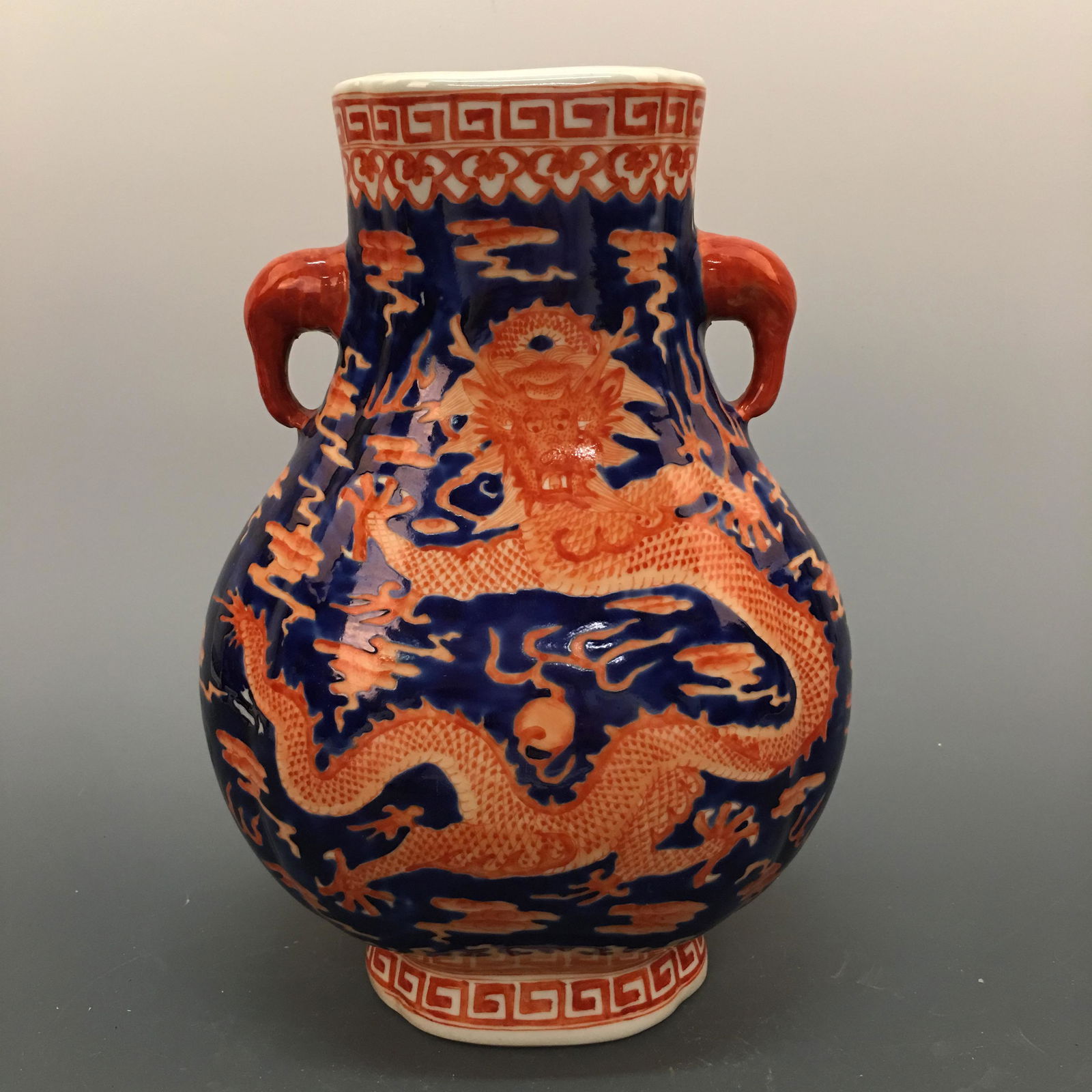 Chinese Iron Red Blue-White 'Dragon' Fanghu-Form Vase (1 of 8)