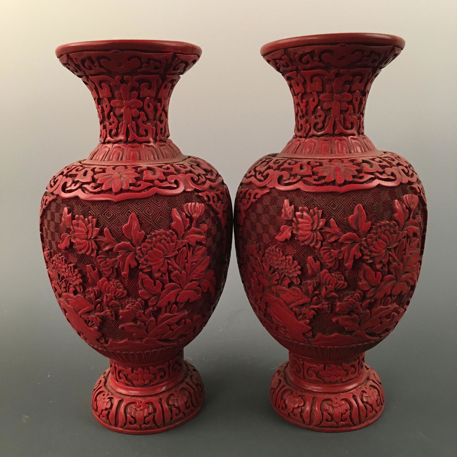 Chinese Carved Lacquerware Vase Pair, Qianlong Mark (1 of 10)
