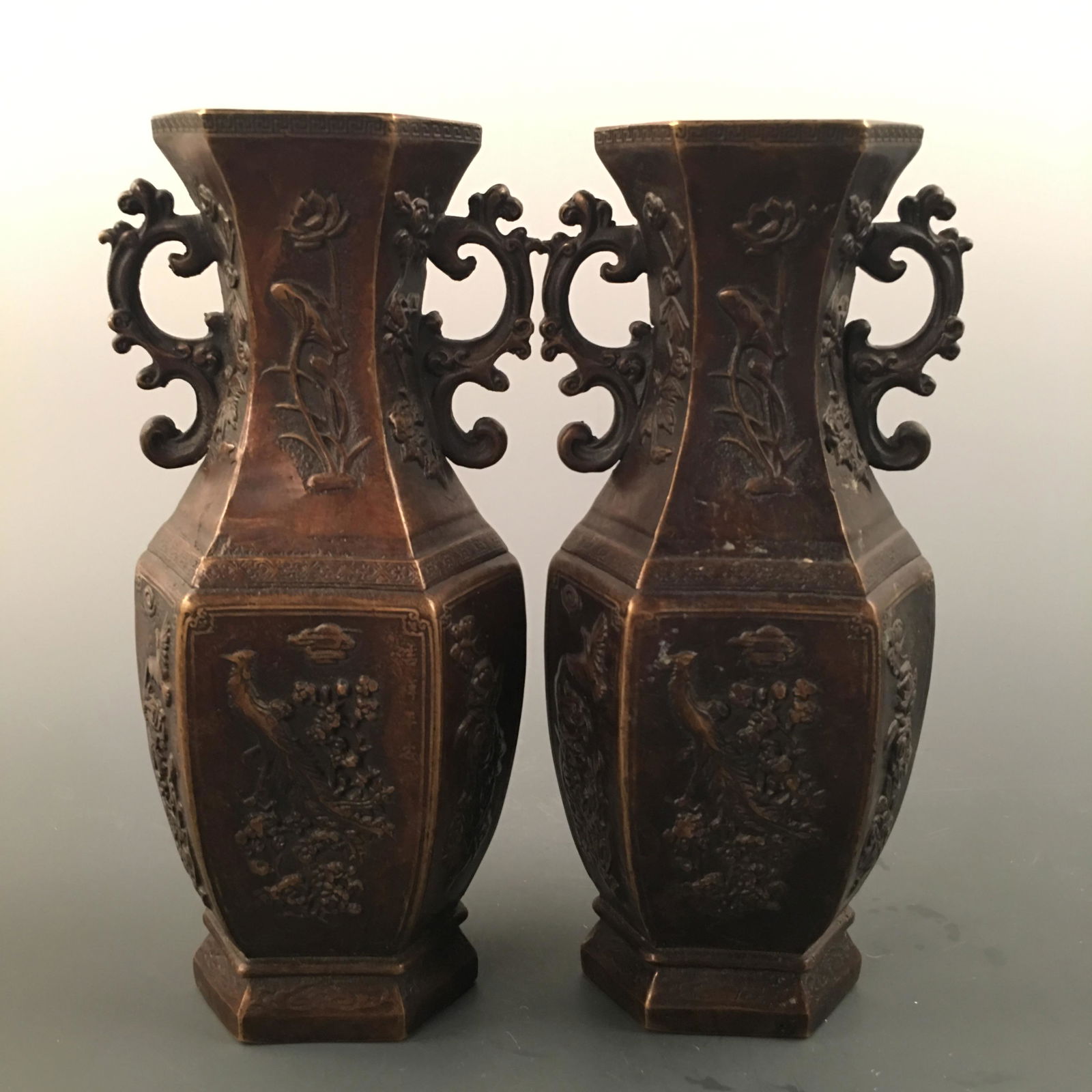 Chinese Bronze Hexagonal Vase Pair (1 of 9)