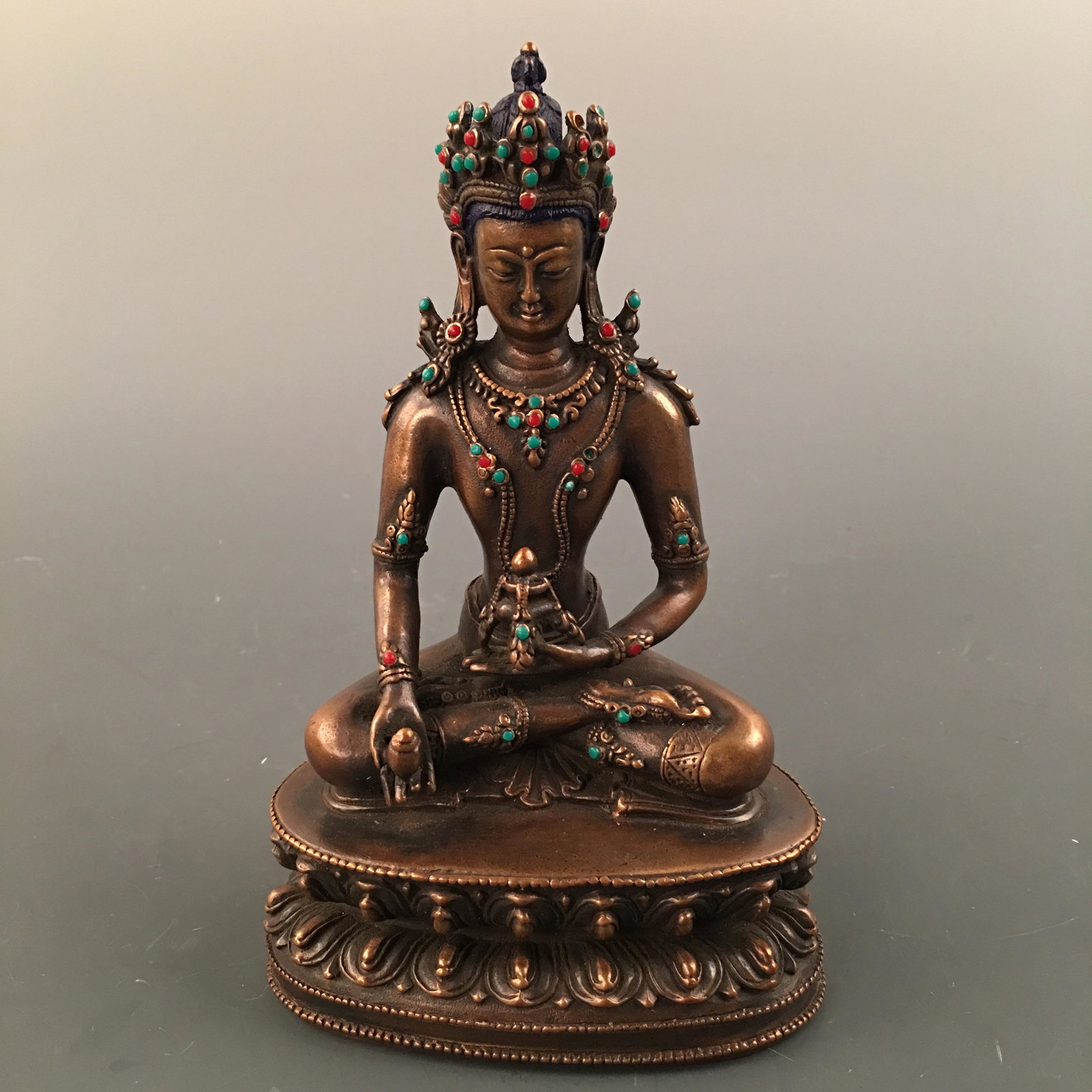Chinese Bronze Tara Buddha Figure Inlaid Gemstones: Chinese Bronze Tara Buddha Figure Inlaid Gemstones 6-1/2'' H; 4'' W; 765 g Shipping: We are able to pack and ship this item to an address in the United States via UPS Ground or USPS Priority Mail, inq