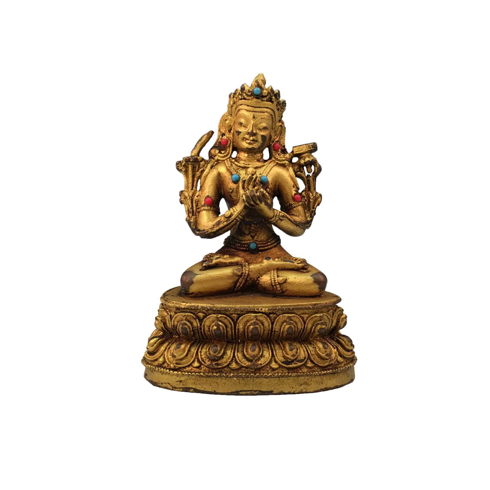 Chinese Gilt Brone Green Tara Figure Inlaid Gemstones: Chinese Gilt Brone Green Tara Figure Inlaid Gemstones 4-1/2'' H, 3'' W; 0.8 lb Shipping: We are able to pack and ship this item to an address in the United States for $35.00 via UPS Ground or USPS Pri