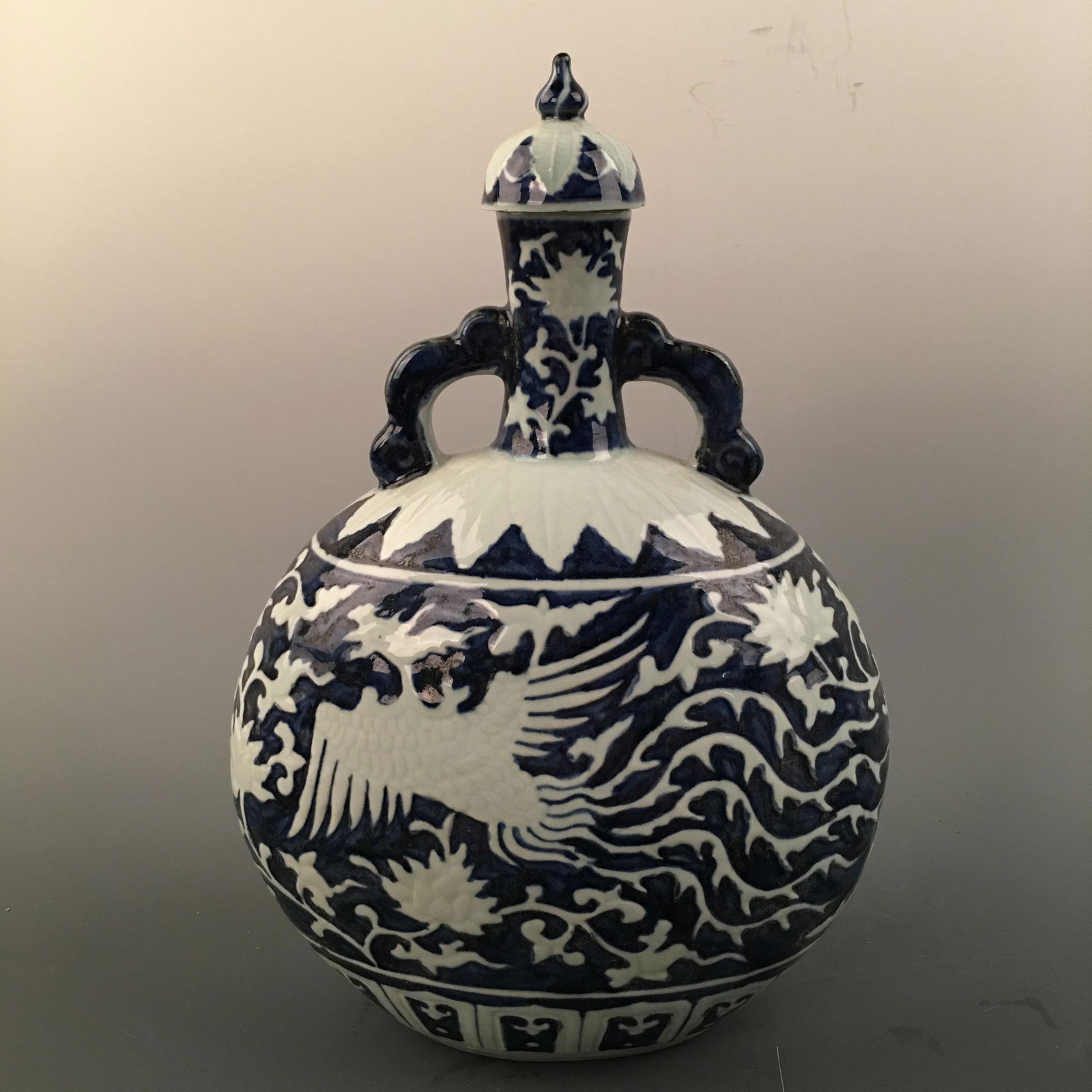 Chinese Blue-White 'Phoenix & Lotus' Moon Flask Vase (1 of 8)