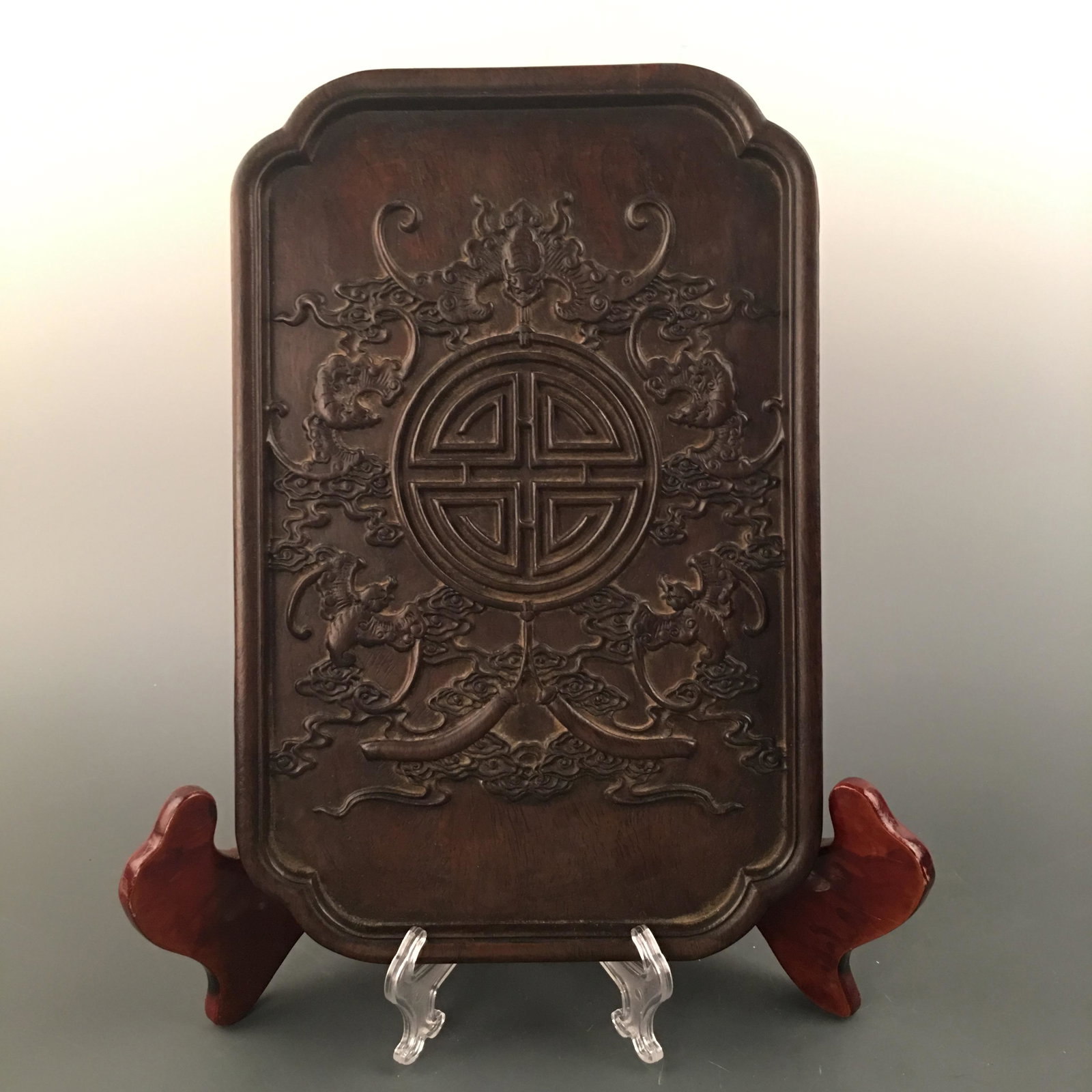 Chinese Redwood Tray: Chinese Redwood Tray 14-1/8'' H, 9-1/4'' W, 1'' L; 1668 g Shipping: We are able to pack and ship this item to an address in the United States via UPS Ground or USPS Priority Mail, inquiry for quote. T
