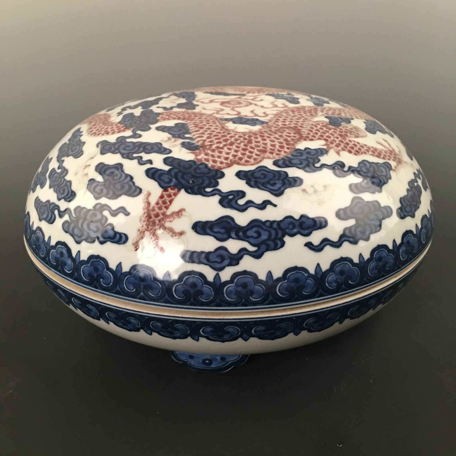 Chinese Blue-White Copper Red Round Box and Cover, (1 of 7)