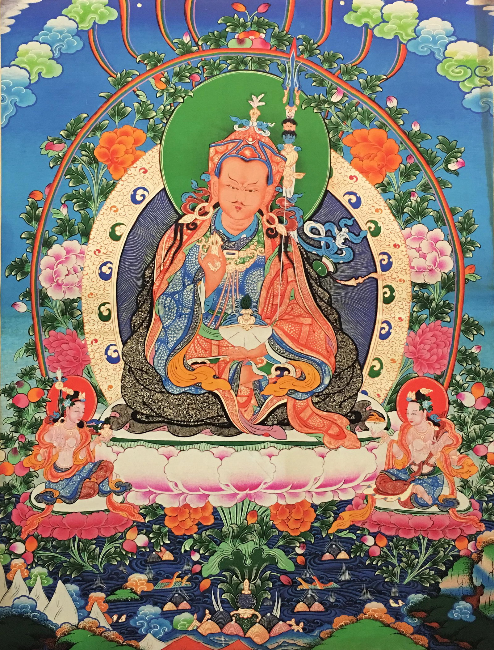 Chinese Thangka Painting of Padmasambhava: Chinese Thangka Painting of Padmasambhava 35'' H; 26-1/4'' W; 121 g Shipping: We are able to pack and ship this item to an address in the United States via UPS Ground or USPS Priority Mail, inquiry fo