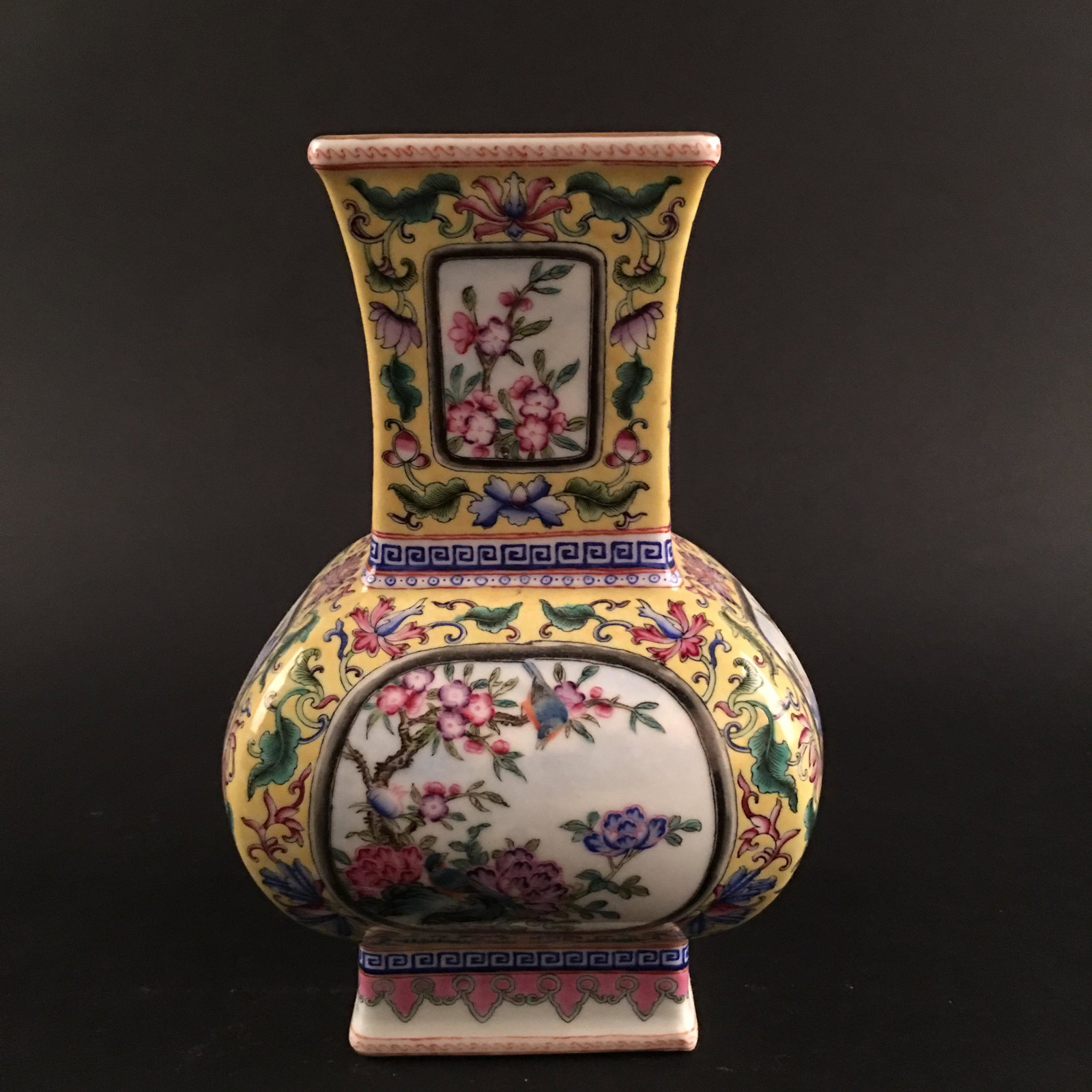 Chinese Famille Rose 'Peach & Flowers & Bamboo' Square: Chinese Famille Rose 'Peach & Flowers & Bamboo' Square Vase, Yongzheng Mark 9-1/4'' H, 5-1/2'' W; 2.6 lb Shipping: We are able to pack and ship this item to an address in the United States for $30.00 