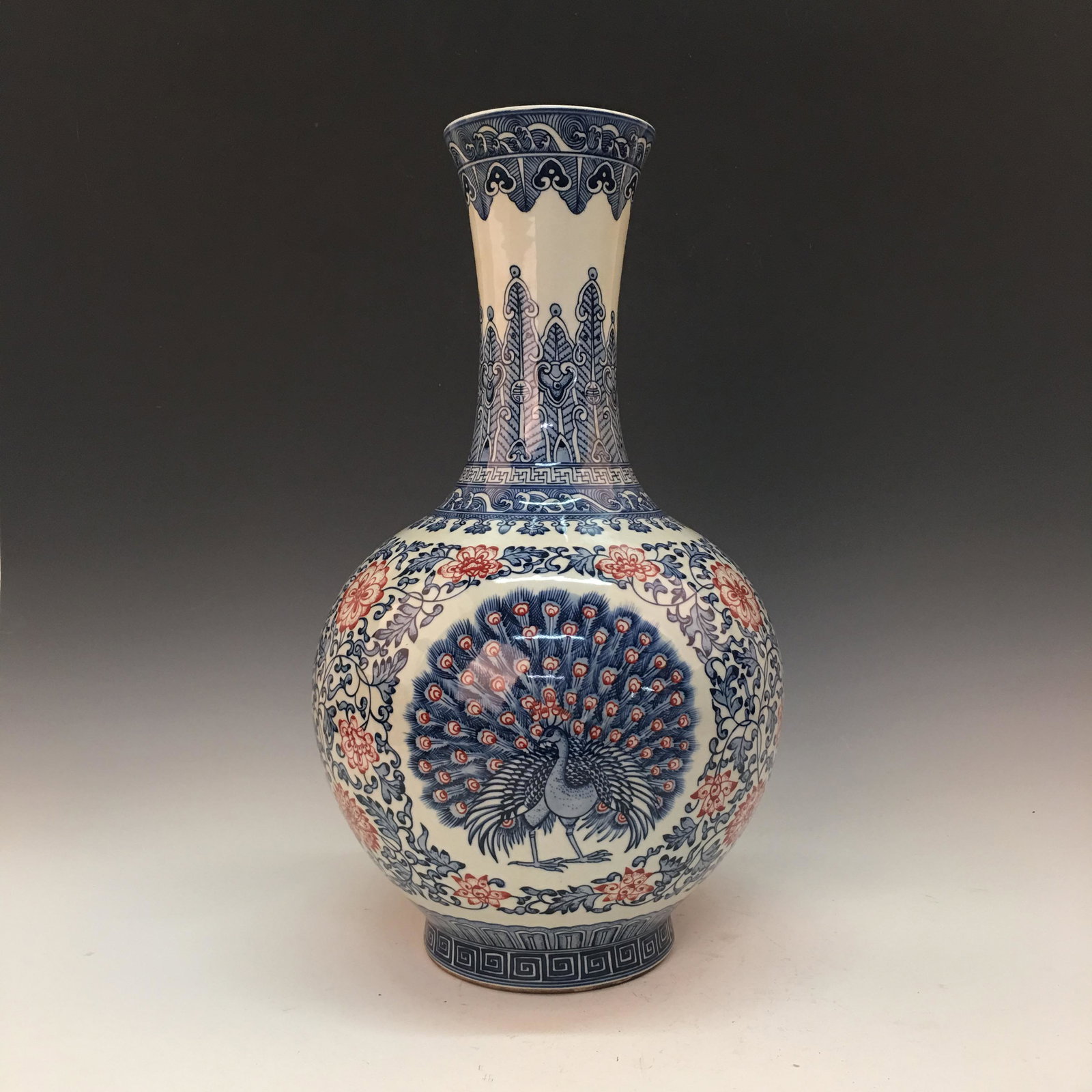 Chinese Blue-White Copper Red 'Peacock' Vase, Qianlong (1 of 7)