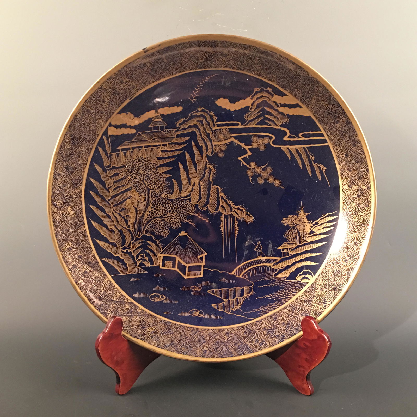 Chinese Gilt Blue-White 'Landscape' Plate (1 of 7)