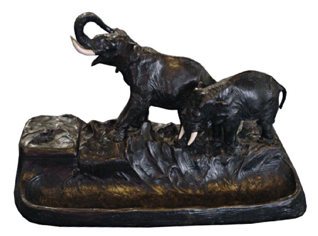 6044 Swiss Antique Bronze Art Deco Elephant Inkwell: Height: 10 in. (25.40 cm) Width: 16 in. (40.64 cm) Depth: 10 in. (25.40 cm) Country of Origin: Switzerland Maker: Suisse Foundry Style: Art Deco Condition: Restored Year: 19th C. Large antique bronze