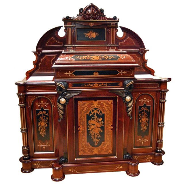 28.1385 Spectacular Inlaid Cabinet by Herter Brot: Height: 73in. (185.42 cm) Width: 62.5in. (158.75 cm) Depth: 23.5in. (59.69 cm) Country of Origin: USA Style: Victorian Maker: Herter Brothers Condition: Restored Year: 19th C. Description: Spect