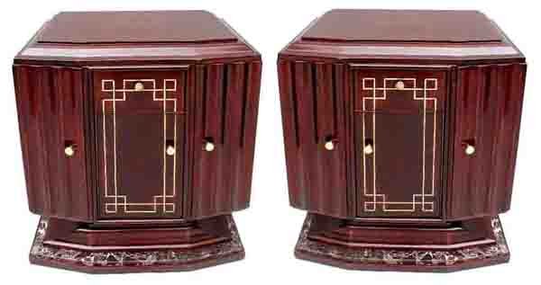 6318 Pair of Art Deco Nightstands: Height: 24 in. (60.96 cm) Width: 23 in. (58.42 cm) Depth: 18in. (45.72 cm) Country of Origin: France Style: Art Deco Condition: Restored Year: c. 1920 Description: Fabulous pair of Art Deco nightstand