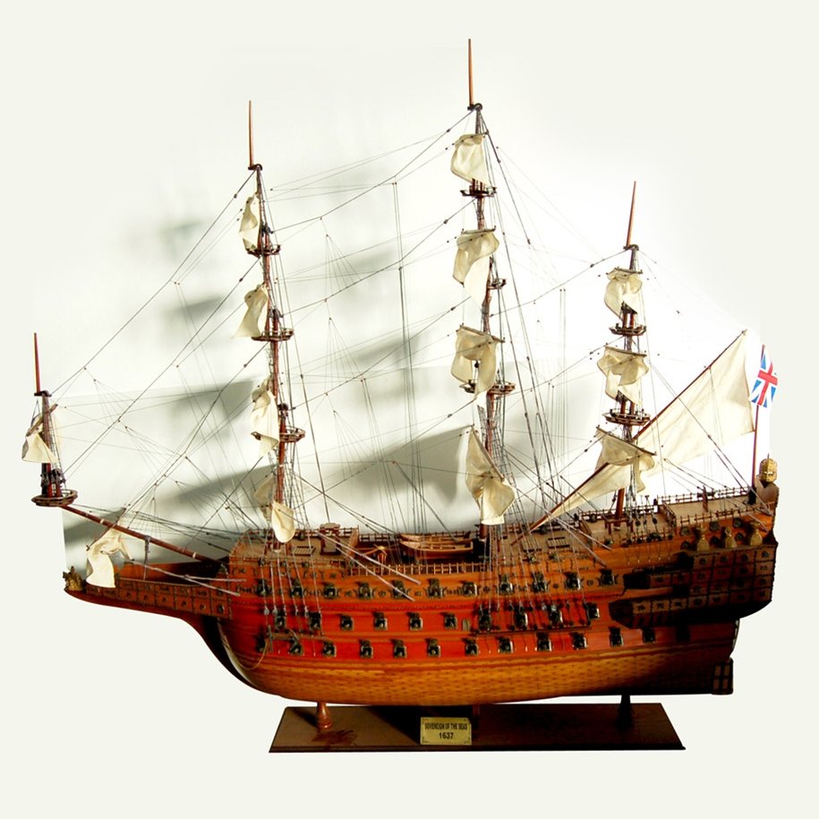 7557 Antique Ship Model: The Sovereign of the Seas 1637: Height: 82 in. (208.28 cm) Width: 30 in. (76.20 cm) Depth: 88 in. (223.52 cm) Country of Origin: USA Style: Victorian Condition: Mint Year: 19th C. Beautifully detailed model of the HMS Sovereign of t