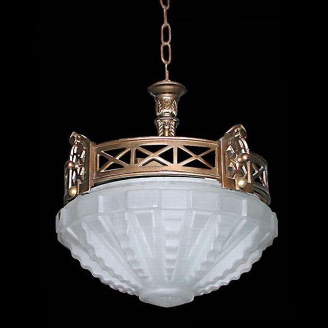 4459 Art Deco Hanging Light Fixture/Frosted Dome: Height: 16 in. (40.64 cm Width: 14 in. (35.56 cm Depth: 14 in. (35.56 cm Country of Origin: France Style: Art Deco Condition: Excellent Year: c. 1920 Beautiful Art Deco hanging light fixture with a he