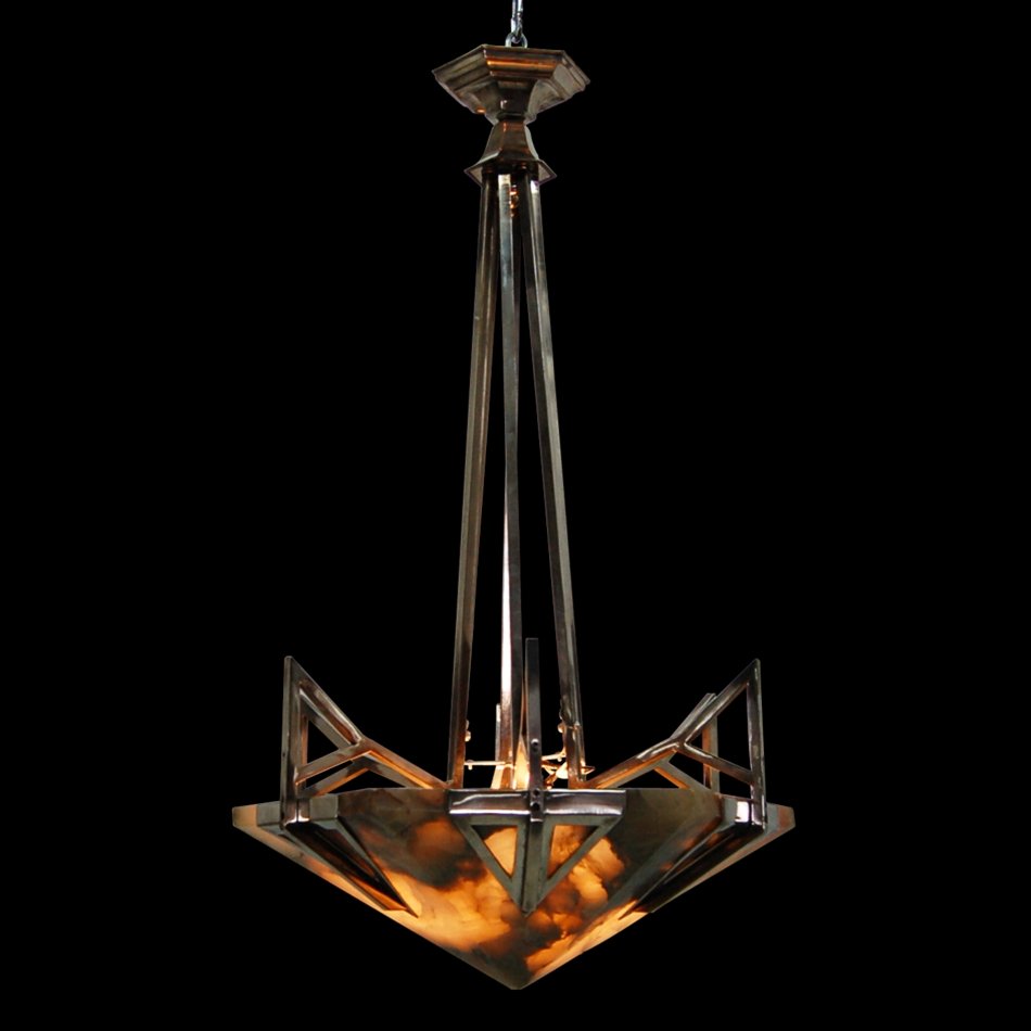 7317 Stunning Art Deco Chrome & Alabaster Chandelier c. (1 of 1)