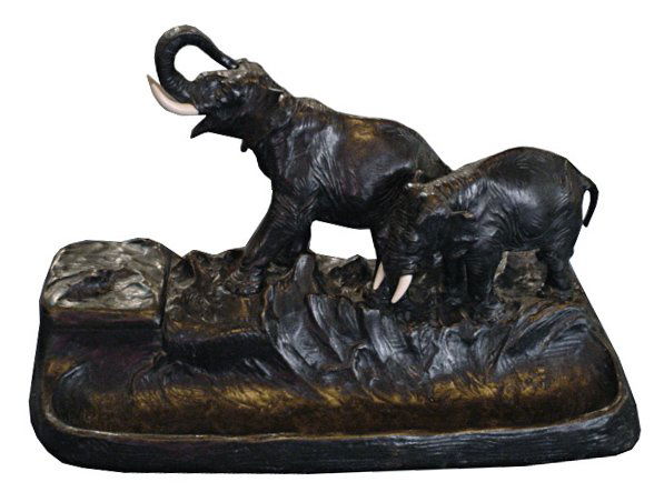 6044 Swiss Antique Bronze Art Deco Elephant Inkwell: Height: 10 in. (25.40 cm) Width: 16 in. (40.64 cm) Depth: 10 in. (25.40 cm) Country of Origin: Switzerland Maker: Suisse Foundry Style: Art Deco Condition: Restored Year: 19th C. Large antique bronze