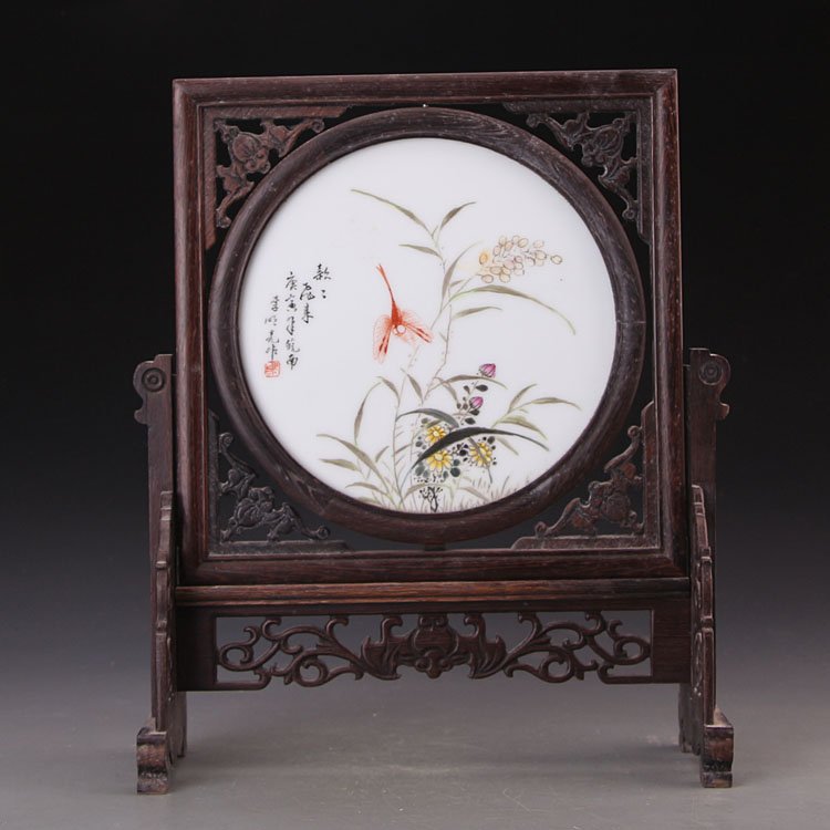 Carved Pastel porcelain Table Screen: Carved Pastel porcelain Table Screen Size: height 34cm(13.3 in) width 27 cm(10.6 in)