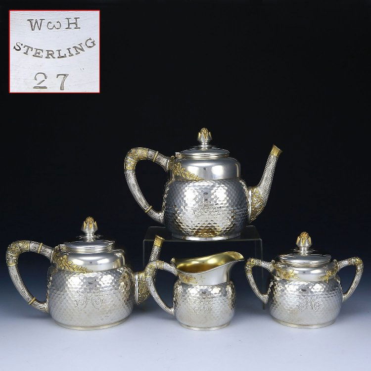 USA sterling silver gilt teapot Tea set 4 piece set: 19th Century American Sterling Silver Teapot Tea Set 4 Piece set Origin: United States Year: late 19th century Manufacturer: W&H Craft: hammer plate high relief Stamp: S