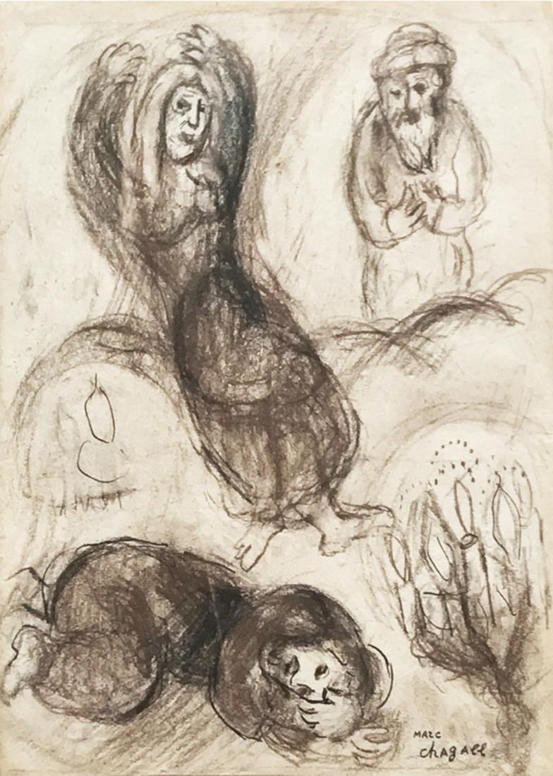 Marc Chagall - Saul Consults a Magician: Original charcoal & crayon drawing on paper. Signed, lower right. One of 24 original works that would be the basis for Drawings for the Bible, a series of 24 lithographs based upon these drawings publ