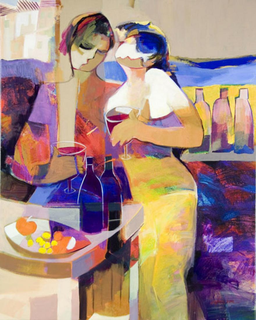 Hessam Abrishami - Sweet Aroma (3/145): Hessam's trademark use of color and abstracted figures are instantly recognizable in this lovely limited edition on canvas that is signed and numbered by the artist.