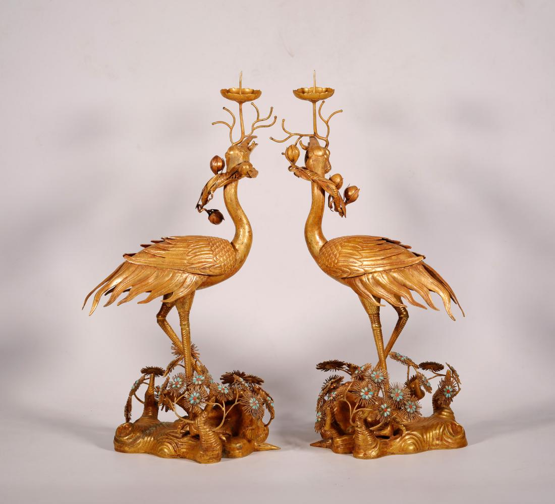 2 Marked Qing Gilt-Bronze Candlesticks (1 of 6)