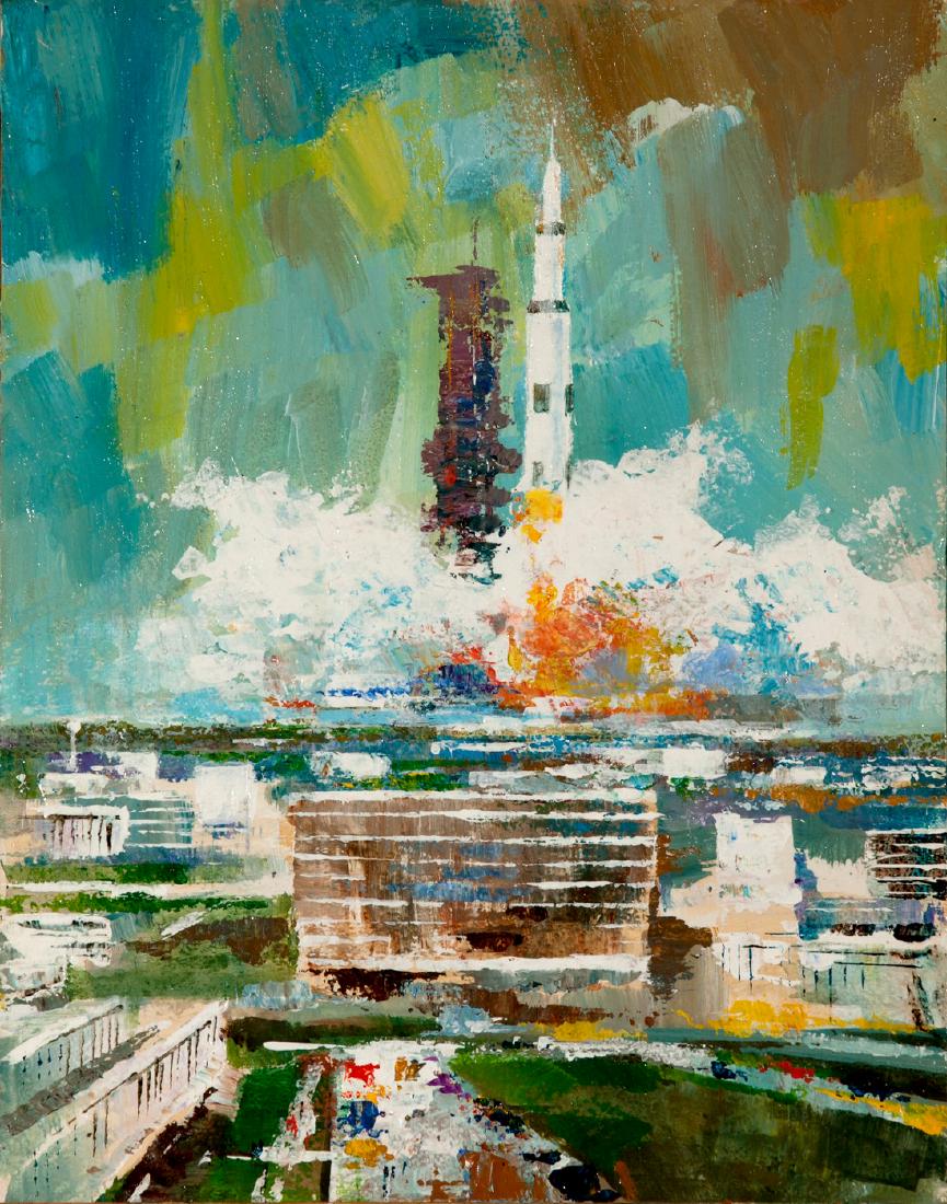 Delta Airlines HOUSTON Poster Maquette Painting Framed: Original oil maquette painting for the 1970s Delta Airlines HOUSTON Texas travel poster by Jack Laycox. Features the striking image of an Apollo rocket blasting off in the distance of the city skyline