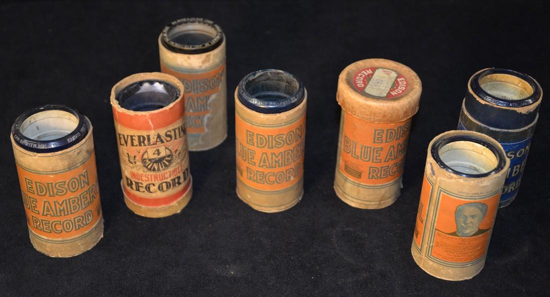 Lot of Edison Gold Moulded phonograph records (2): This lot includes a blue amber edison records, an everlasting indestructable record and misc cylinder records