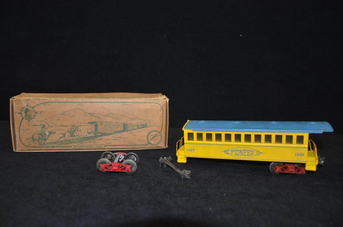 1869 Pioneer days train: Up for auction is a vintage 1869 Pioneer days toy train. The bottom part wheels to the train have fallen off the train but are still included in the lot. The original box is included in this lot with 