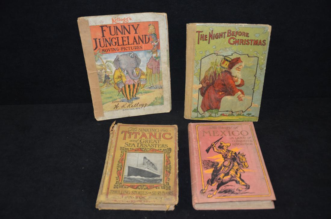 Vintage book lot: Up for auction is a lot of vintage books including The sinking of the titanic and great disasters, Kelloggs book, the night before christmas and the story of mexico.