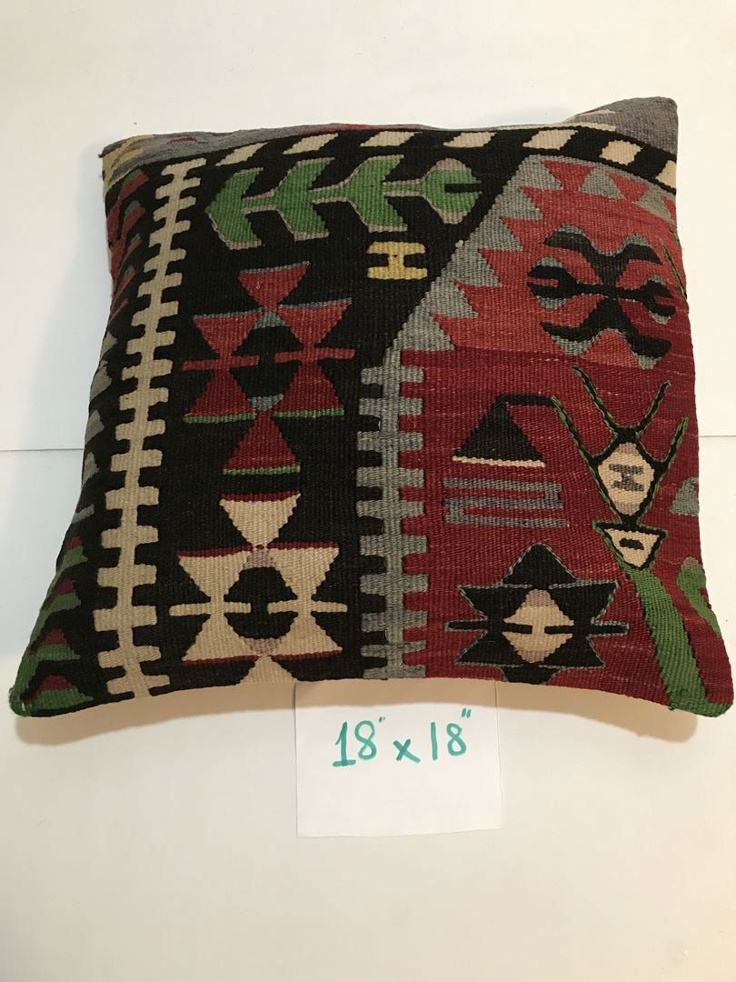 Wool Rug Kilim Pillow 18" x 18" Square (1 of 5)