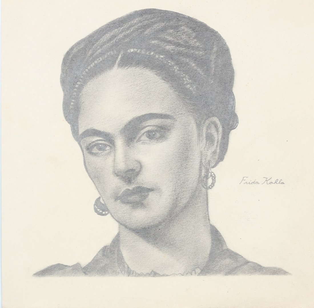 After Frida Kahlo Mexican (1907-1954) Charcoal on Card: Self portrait - Attributes: Signed in center right. After Frida Kahlo - Media: Charcoal on card - Dimensions metric: 23.2 by 24.2 cm - Dimensions imperial: 9 by 9 1/2 inches - Artist biography: Frida 