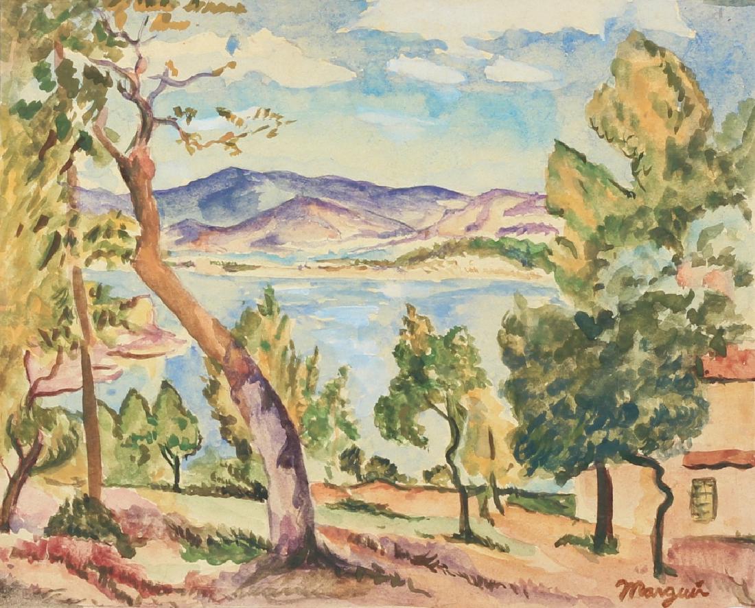 After Henri-Charles Manguin French (1874-1949): Featuring a landscape scene with trees and a mountain - Attributes: Signed on lower right with gallery stamp on verso. After Henri-Charles Manguin. - Media: Watercolor on paper - Dimensions metric: 21