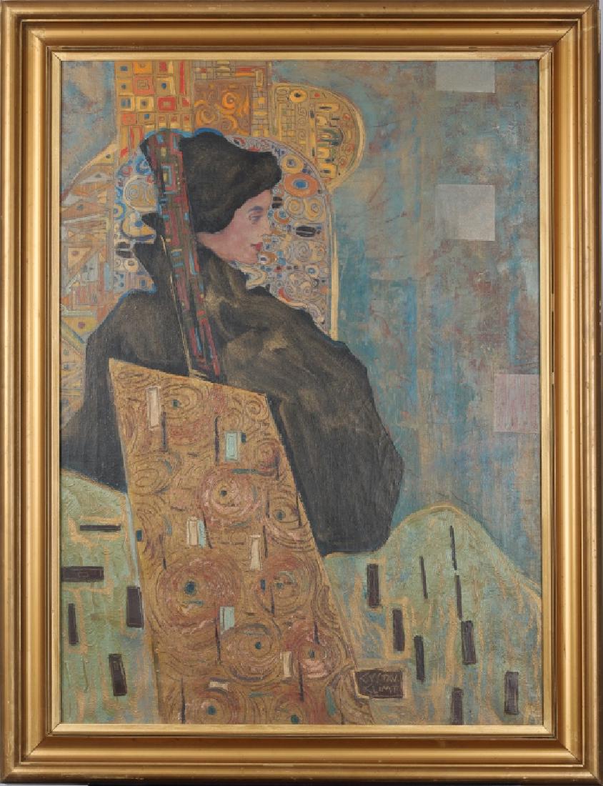 After Gustav Klimt Austrian (1862-1918) Oil on Canvas: *VR Preview on www.TranscendAuctions.com - Portrait of a woman - Attributes: Signed on lower right. After Gustav Klimt - Media: Oil on canvas framed - Dimensions metric: 54 by 74 (65 by 85 framed) - D