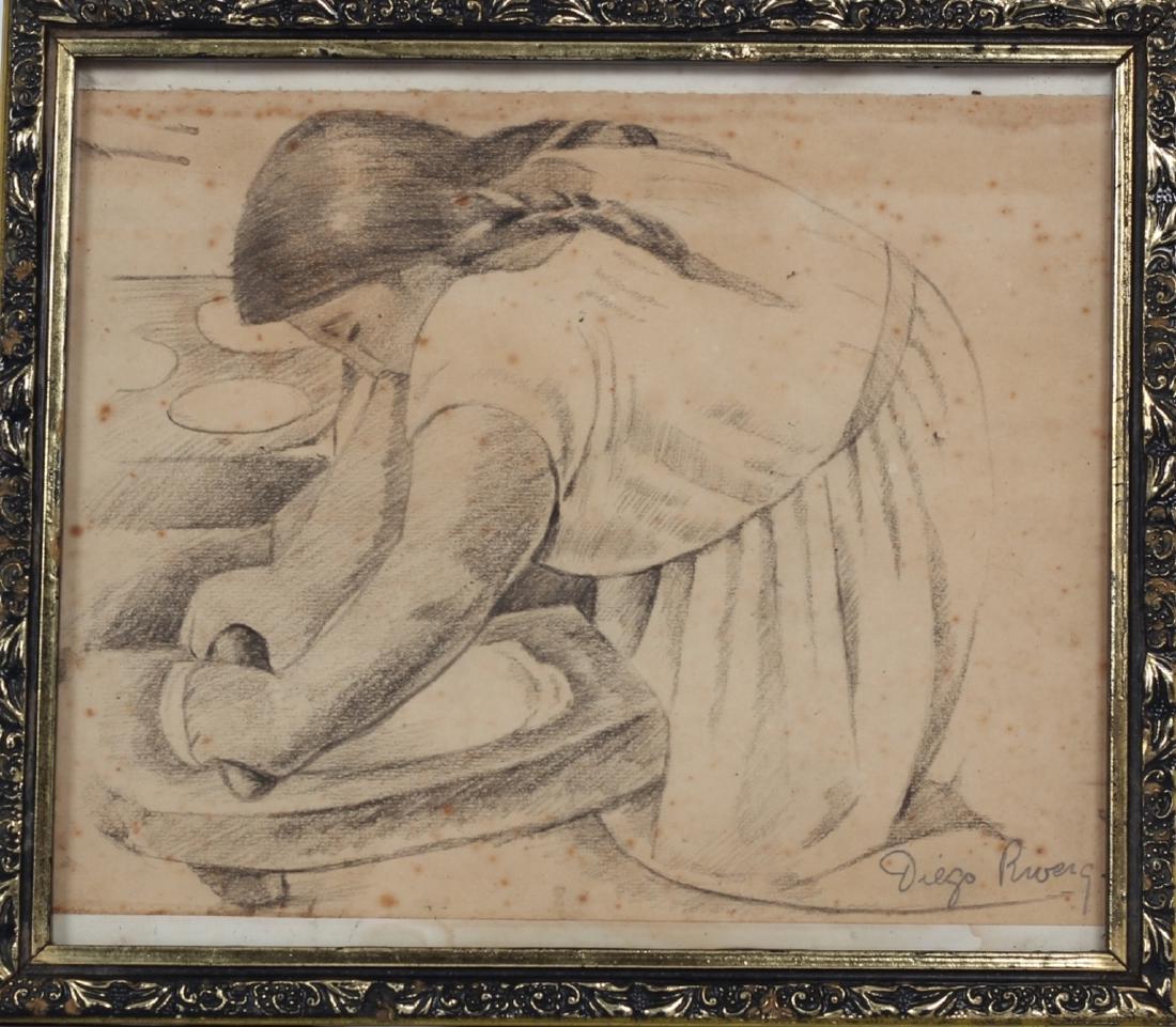 After Diego Rivera Mexican (1886-1957) Charcoal: Featuring a woman rolling dough - Attributes: Signed on the lower right. After Diego Rivera - Media: Charcoal on paper framed - Condition: Fair condition, some foxing, slight water damage to rear of f