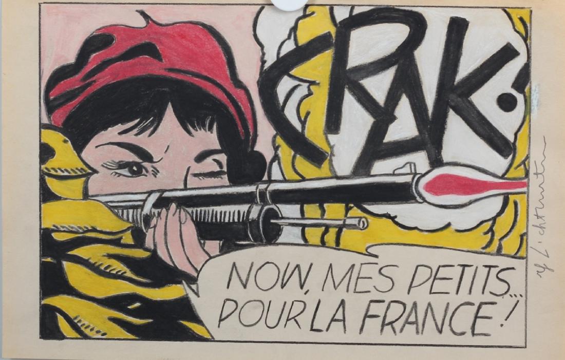 Attr Roy Lichtenstein American (1923-1997) Pastel: Featuring a woman shooting rifle - Attributes: Signed on the right side, attributed to Roy Lichtenstein. With estate stamp and inventory notation on verso. - Media: Pastel on paper - Condition: Excell