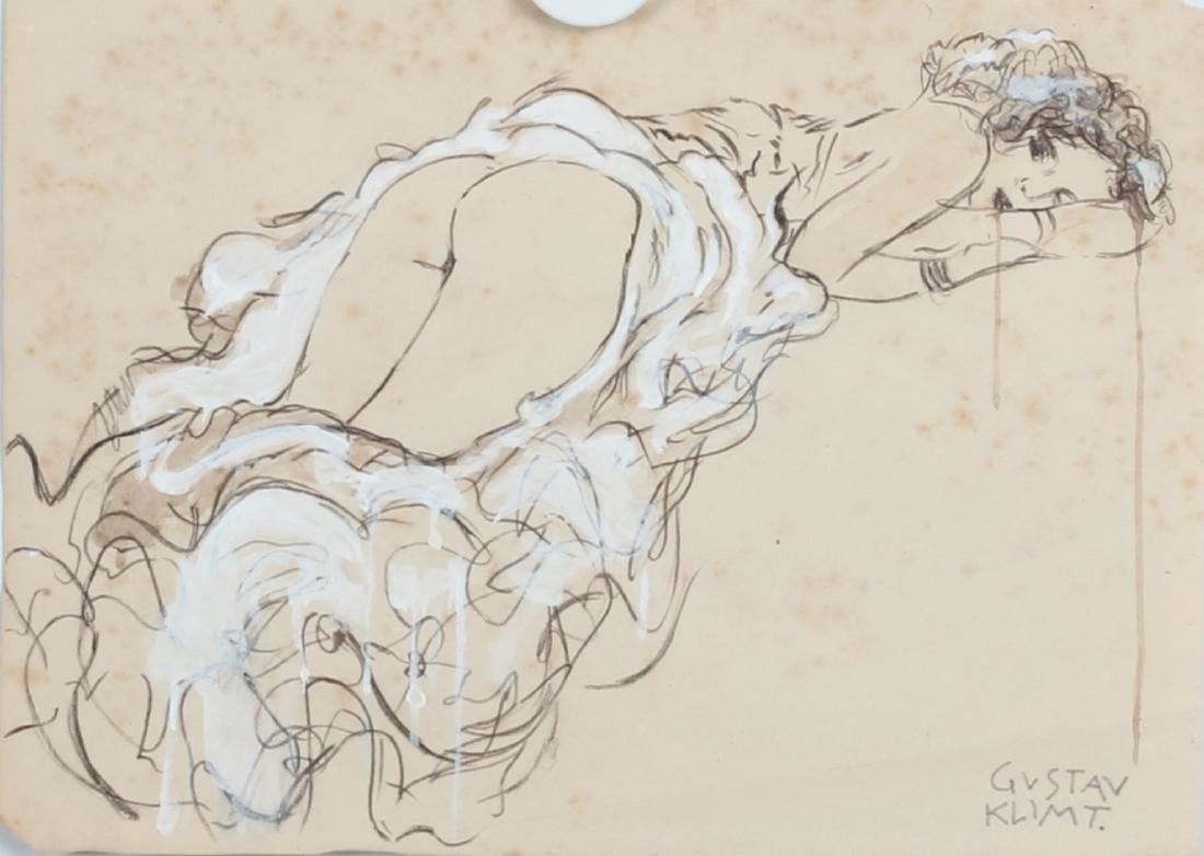After Gustav Klimt Austrian (1862-1918): Featuring a reclining nude - Attributes: Signed on the lower right, with gallery stamp on verso. After Gustav Klimt - Media: Ink and tempera on paper - Condition: Fair condition, some perforation, cre