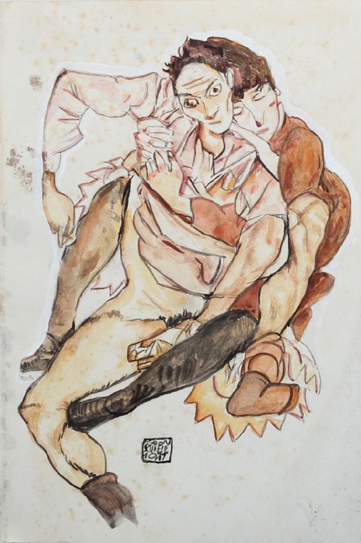 After Egon Schiele Austrian (1890-1918) Watercolor: Featuring he and his wife embracing - Attributes: Signed lower center. After Egon Schiele - Media: Watercolor on paper - Condition: Fair condition, slight foxing and staining - Provenance: Private col
