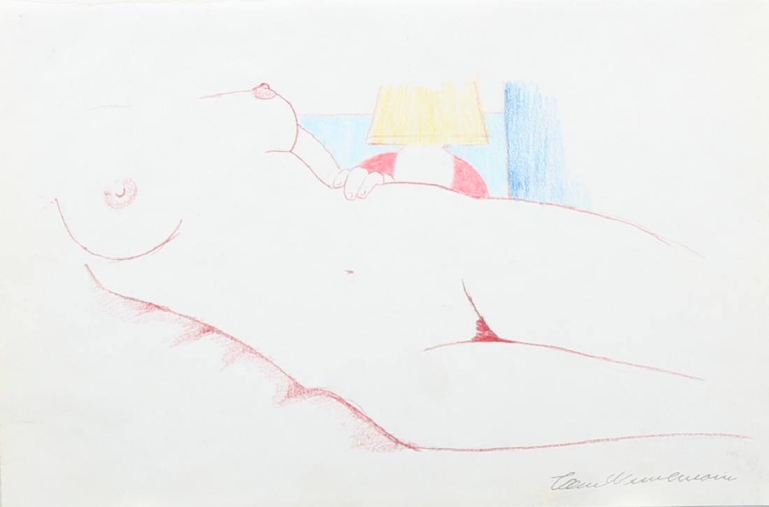 Attr Tom Wesselmann American (1931-2004) Pencil: Featuring a reclining nude - Attributes: Signed on the lower right, with estate stamp on verso and attributed to Tom Wesselmann - Media: Color pencil on paper - Condition: Good condition, rough top ed