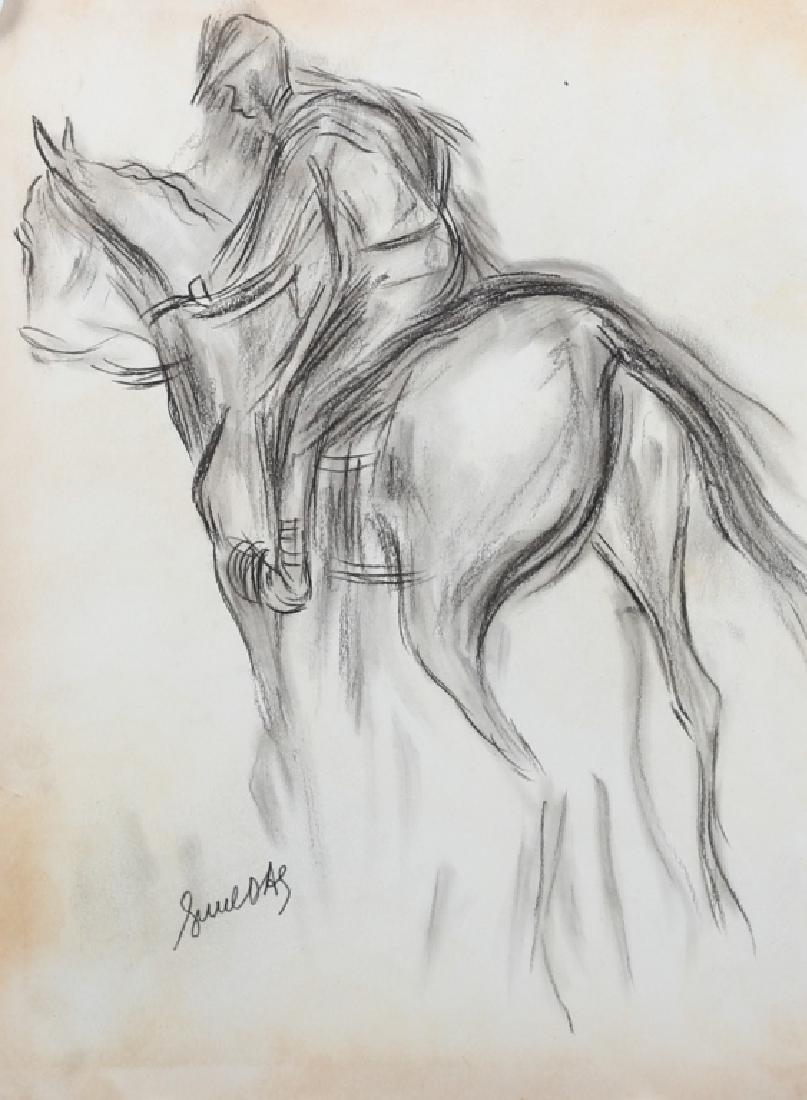 After Sunil Das Indian (1939-2015) Charcoal: Featuring a jockey riding a horse - Attributes: Signed on the lower right. After Sunil Das - Media: Charcoal on paper - Condition: Fair condition, slight yellowing of edges, small tear on left edge an