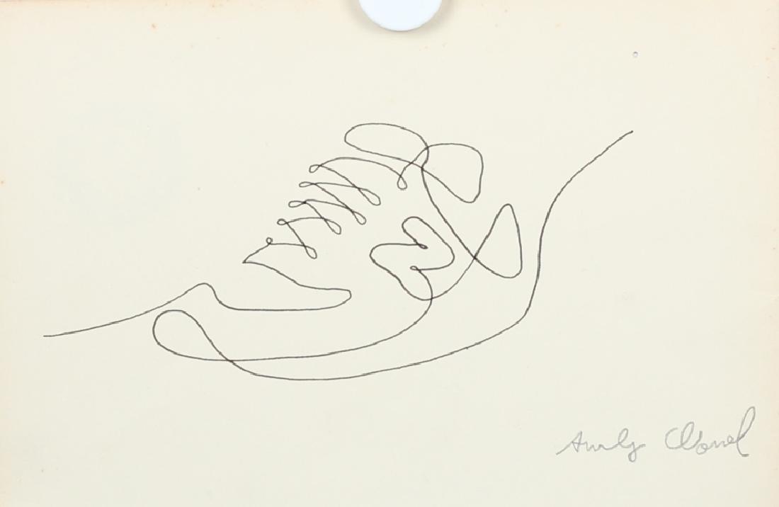 Attr Andy Warhol American (1928-1987) Ink: Featuring a sketh of a sneaker - Attributes: Signed on the lower right, gallery and estate stamp on verso. Attributed to Andy Warhol - Media: Ink on paper - Condition: Fair condition, slight yellowing