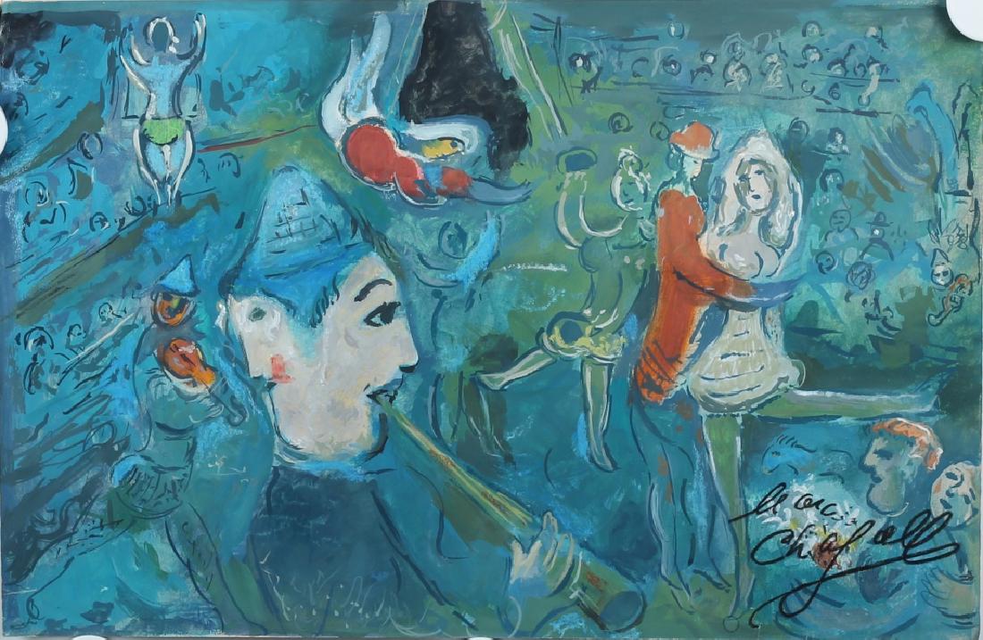 After Marc Chagall French-Russian (1887-1985) Oil: Featuring a musical scene on a stage - Attributes: Signed on the lower right with gallery stamp on verso. After Marc Chagall - Media: Oil and tempera on paper - Condition: Good condition, dog ear corn