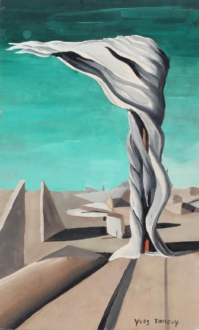 Manner of Yves Tanguy American-French (1900-1955): Abstract surrealist scene - Attributes: In the manner of Yves Tanguy and signed on the lower right - Media: Oil on paper - Dimensions metric: 16.3 by 26.8 cm - Dimensions imperial: 6 1/2 by 10 1/2 inc