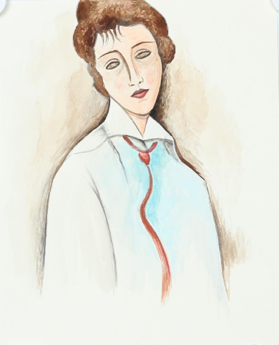 Manner of Amedeo Modigliani Italian (1884-1920): This is a unique, well balanced Portrait of a woman in white. It has very light and soft tones of colors and the unique elongation of facial features typical of the artist. The artwork is signed Modig