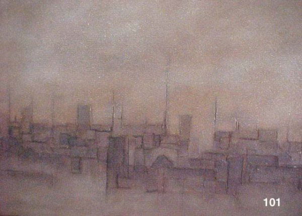 GORD (GORDON) SMITH, ARCA (1937 - ): The Growth of a City Framed oil on wood panel, signed and dated 1959 25.5 x 47.5 in (64.8 x 126 cm) (f=28 x 50 x 1.5 cm) Notes: Smith designed the entrance gate for Expo '67, Montreal and his works ar