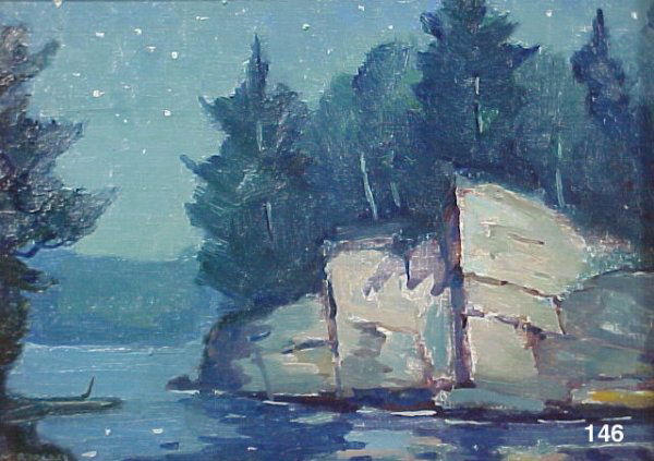 TOM (THOMAS) ROBERTS RCA, OSA, (1909-1998): Untitled, rocky cliffs along shoreline Framed oil on artist board, signed and dated (dated indistinctly) 5 x 7 in (12.7 x 17.8 cm) (f=9 x 11 x 1.5 in)