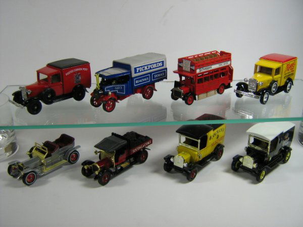 MATCHBOX MODELS OF YESTERYEAR (8 PCS): Y21/22 1930 Ford Van, Canada Post Y27 1922 Fodenstream Lorry, Pickfords Y10-3 1906 Rolls Royce Silver Ghost Y13-3 1918 Crossley Truck, Evans Bros Coal Y23 1922 AEC "S" Type Omnibus - Schweppes Y21/22