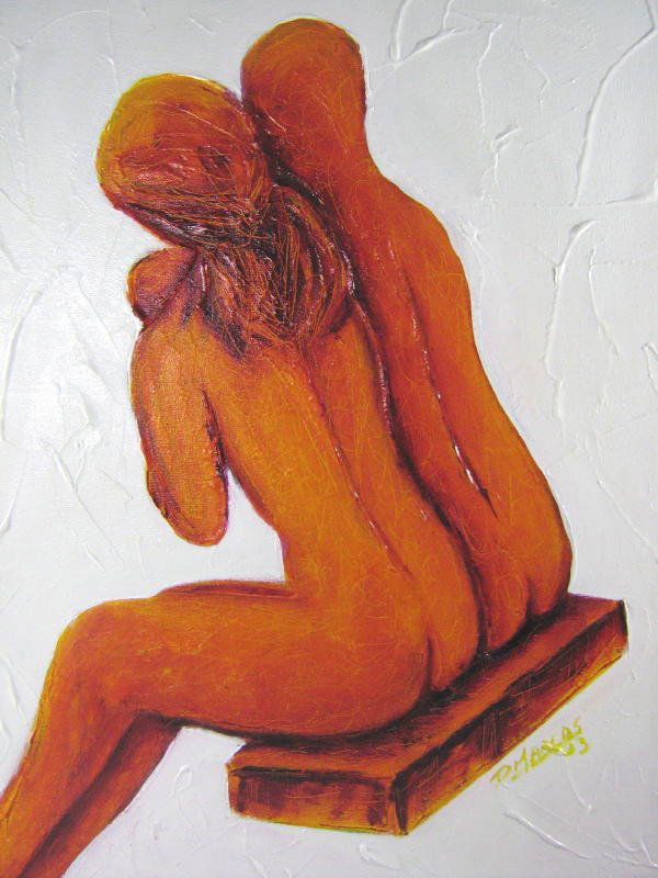 D. MARKOS (XX - ): Family framed oil on canvas, signed and dated '03 19.75 x 14 in (50.3 x 35.5 cm) (f = 22 x 16 x 2 in) sold with D. MARKOS (XX - ) Woman Seated on Block framed oil on canvas, signed and dated '03 19.75