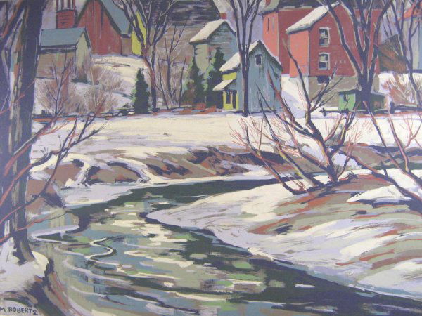 TOM (THOMAS) ROBERTS, RCA, OSA (1909 - 1998): untitled, winter river through town framed Sampson Matthews silkscreen on card 21 x 27 in (53.3 x 69.6 cm) (f = 24 x 30 x 3 in)