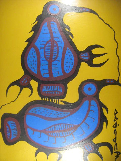 Norval Morrisseau Canadian Native Art: Norval Morrisseau RCA (1932 - 2007) Canadian Untitled, animal figures Framed acrylic on masonite, signed in syllabics and on verso signed. Provenance: Painted verso "This picture is a original paintin